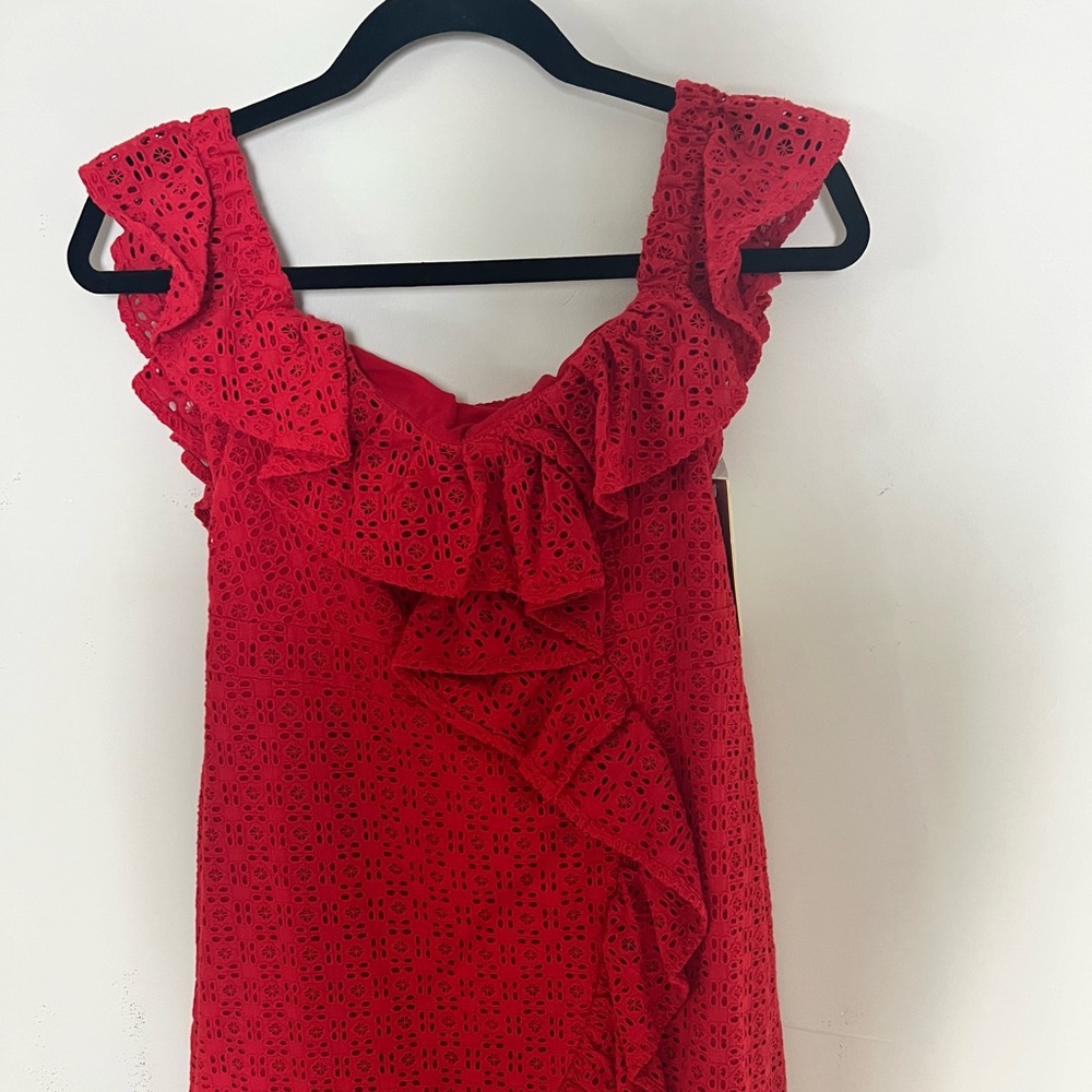 Bardot Mini red eyelet off the shoulder dress with ruffle details
